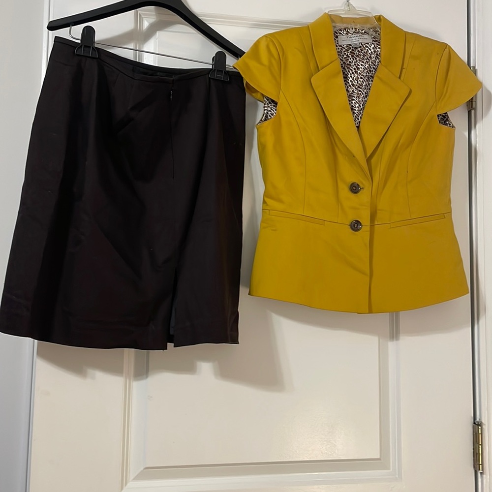 Yellow Shirt and Brown Pencil Skirt Set